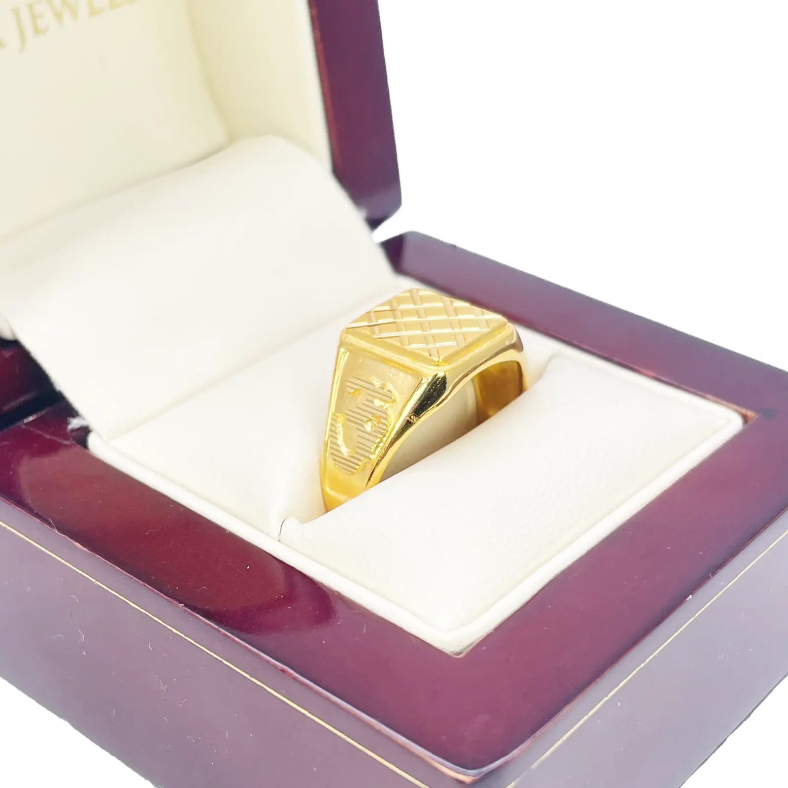 22ct Gold Mens Signet Square Diamond Cut Textured Criss-Cross Ring 