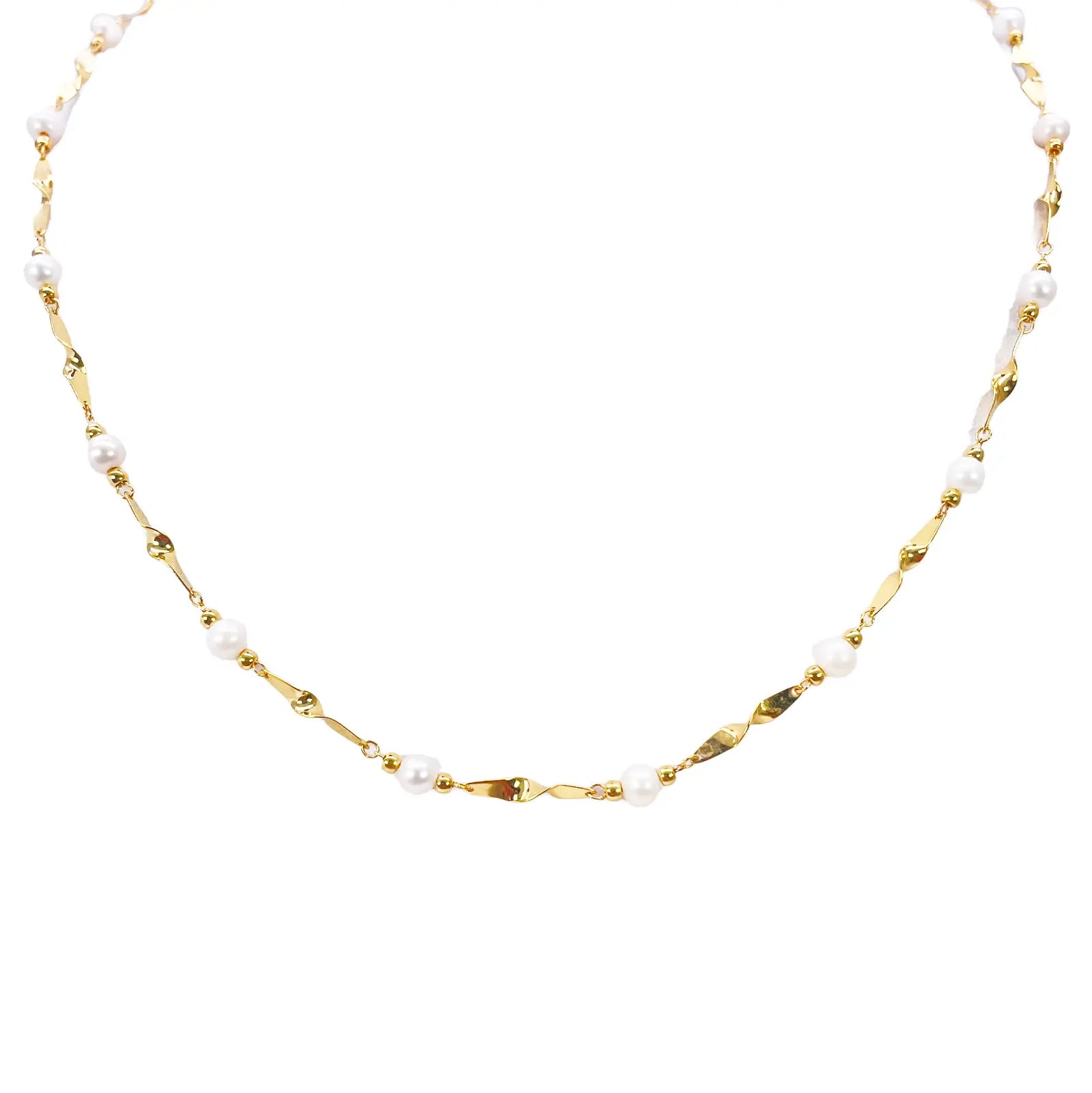 22ct Gold Pearl Necklace High Polished Twisted Link Freshwater Pearl Chain 16 inches 