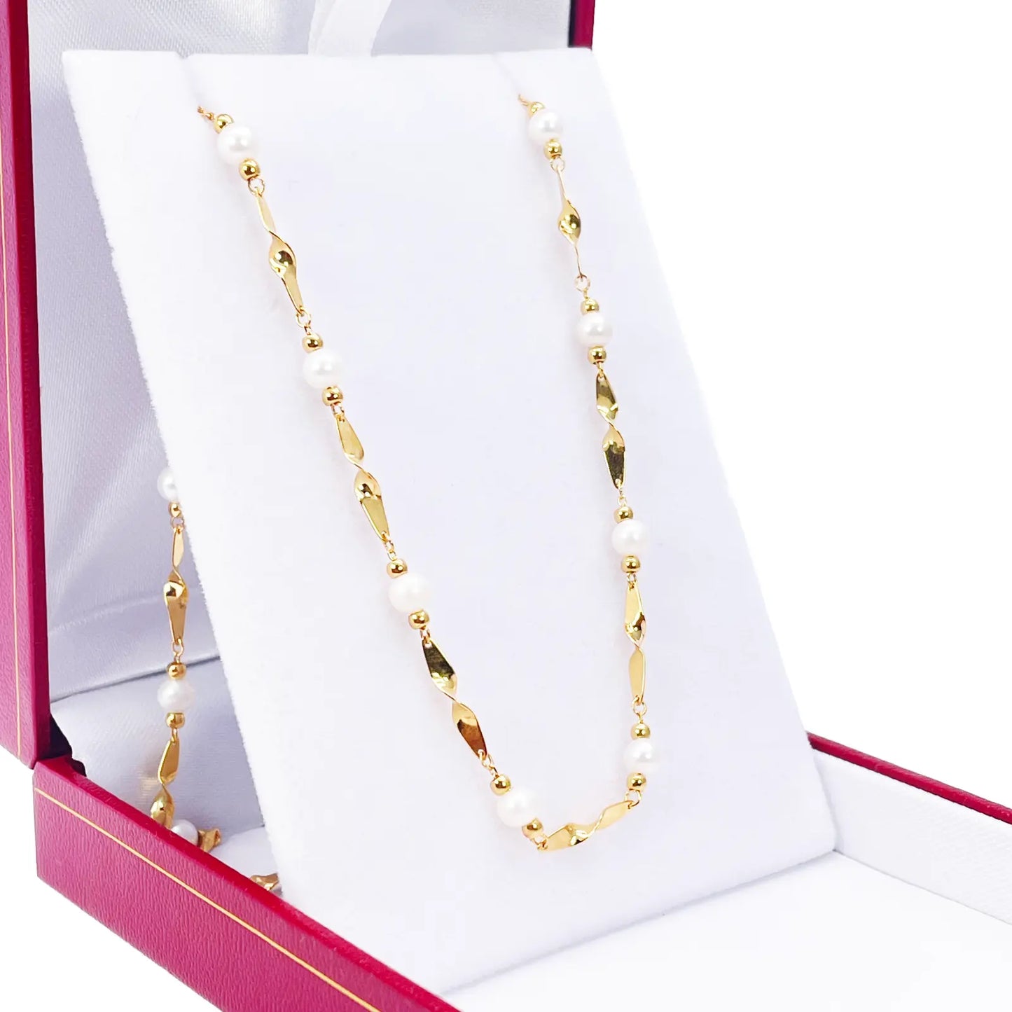 22ct Gold Pearl Necklace High Polished Twisted Link Freshwater Pearl Chain 16 inches 
