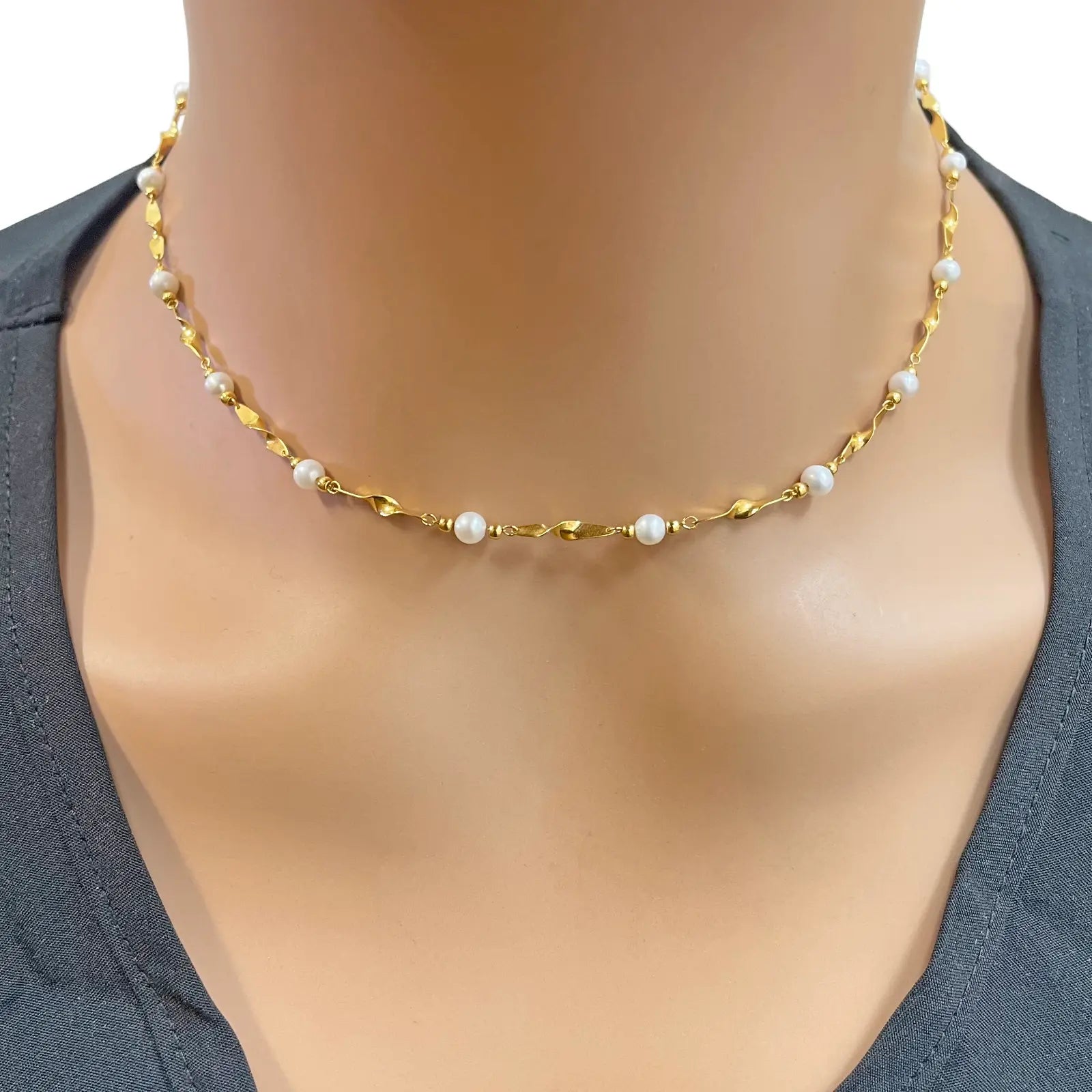 22ct Gold Pearl Necklace High Polished Twisted Link Freshwater Pearl Chain 16 inches 