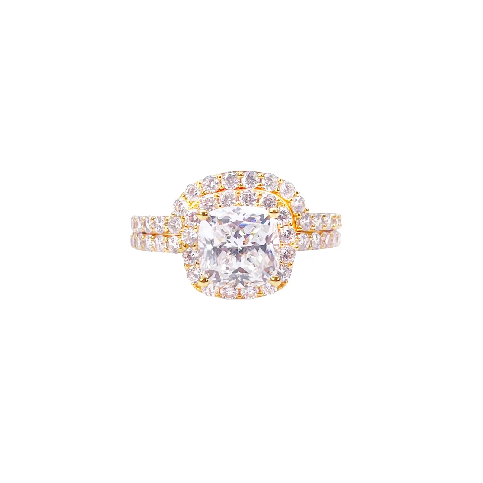 22ct Yellow Gold 4-Claw Cubic Zirconia Cushion Half Eternity Engagement Ring & Matching Band 