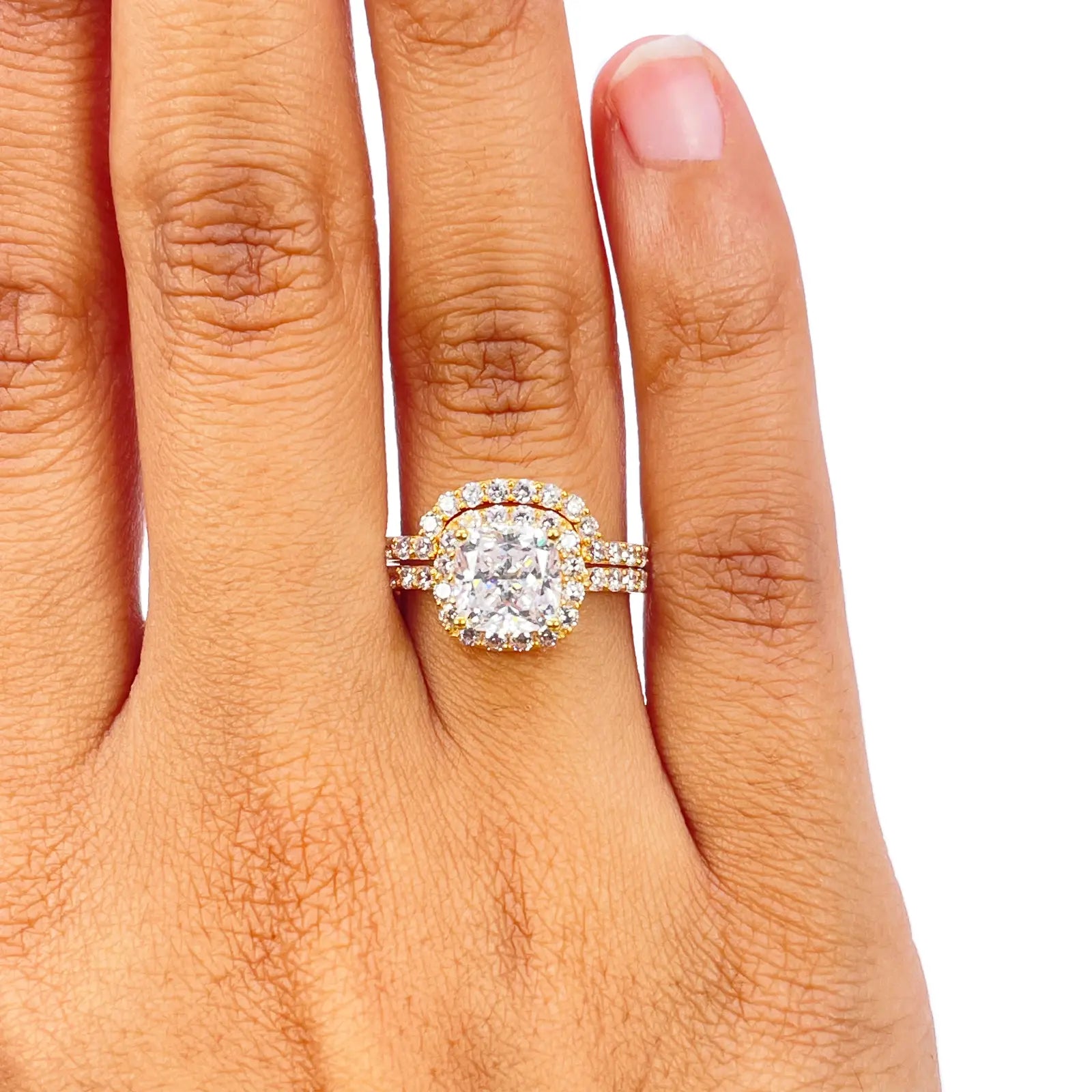 22ct Yellow Gold 4-Claw Cubic Zirconia Cushion Half Eternity Engagement Ring & Matching Band 