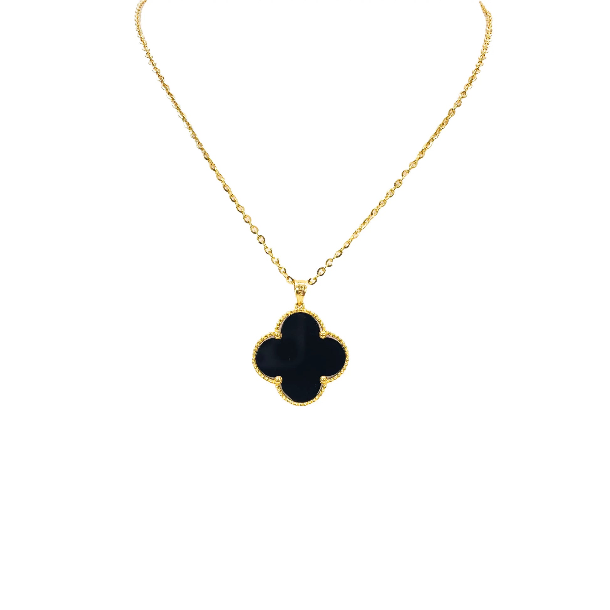 22ct Yellow Gold Black Onyx Or Mother Of Pearl Clover Pendant & Chain Necklace 18''inches 