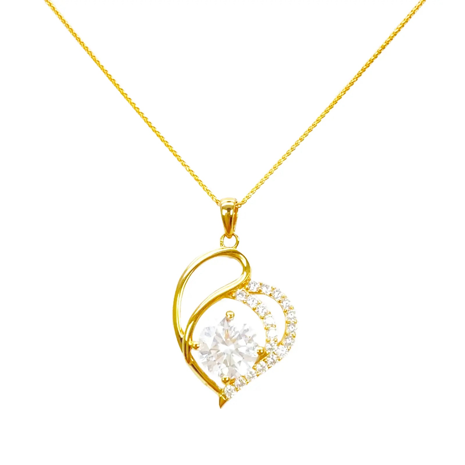 22ct Yellow Gold Cubic Zirconia 4-Claw Prong Pave Heart Pendant & Chain (29x17mm) 