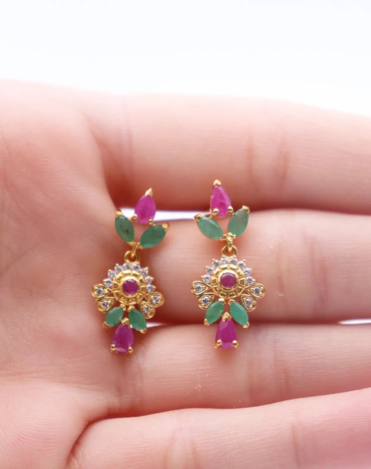 22ct Yellow Gold Cubic Zirconia, Ruby & Emerald 16 inch Necklace & Earrings Set 