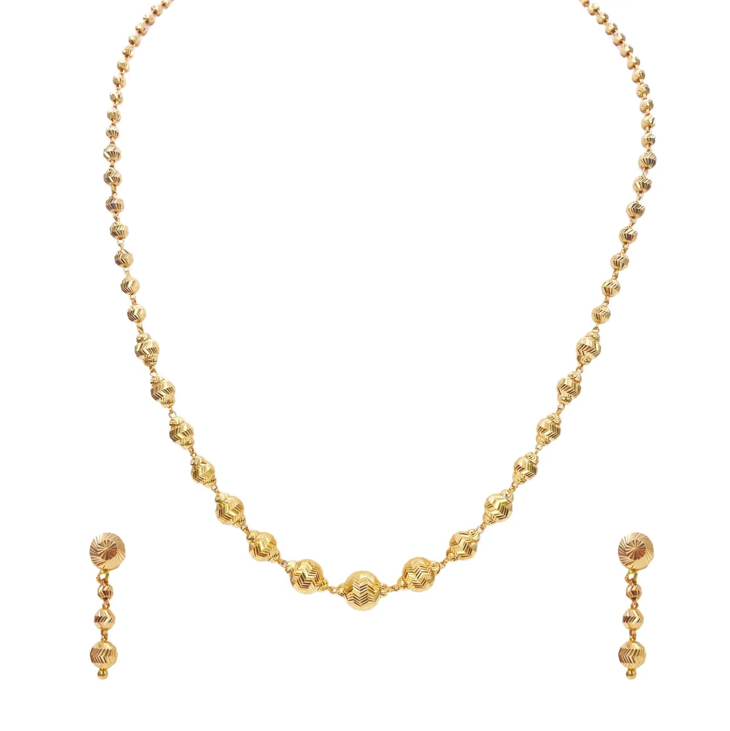 22ct Yellow Gold Diamond Cut Graduated Beaded Slip-On Necklace & Drop Earrings 
