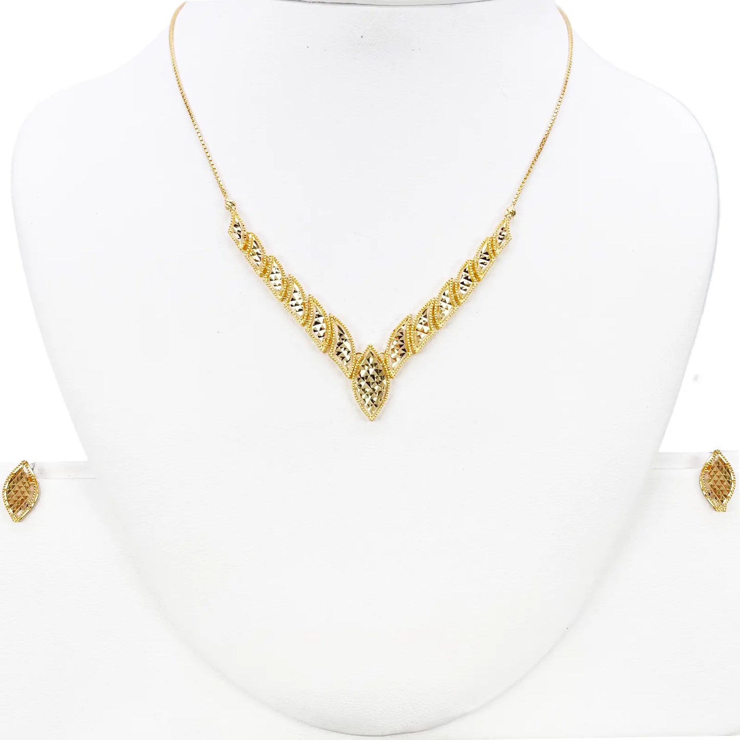 22ct Yellow Gold Diamond-Cut Milgrain Marquise V-Shape Necklace & Earring Set  Gold Necklace