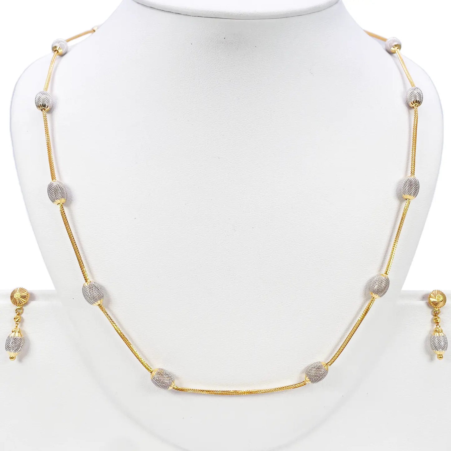 22ct Yellow Gold Diamond Cut Two Tone Beaded Slip-On Necklace & Drop Earrings 