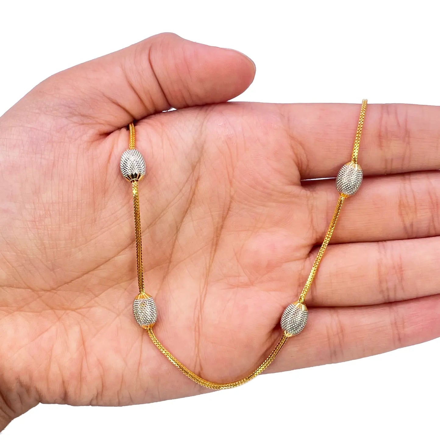 22ct Yellow Gold Diamond Cut Two Tone Beaded Slip-On Necklace & Drop Earrings 