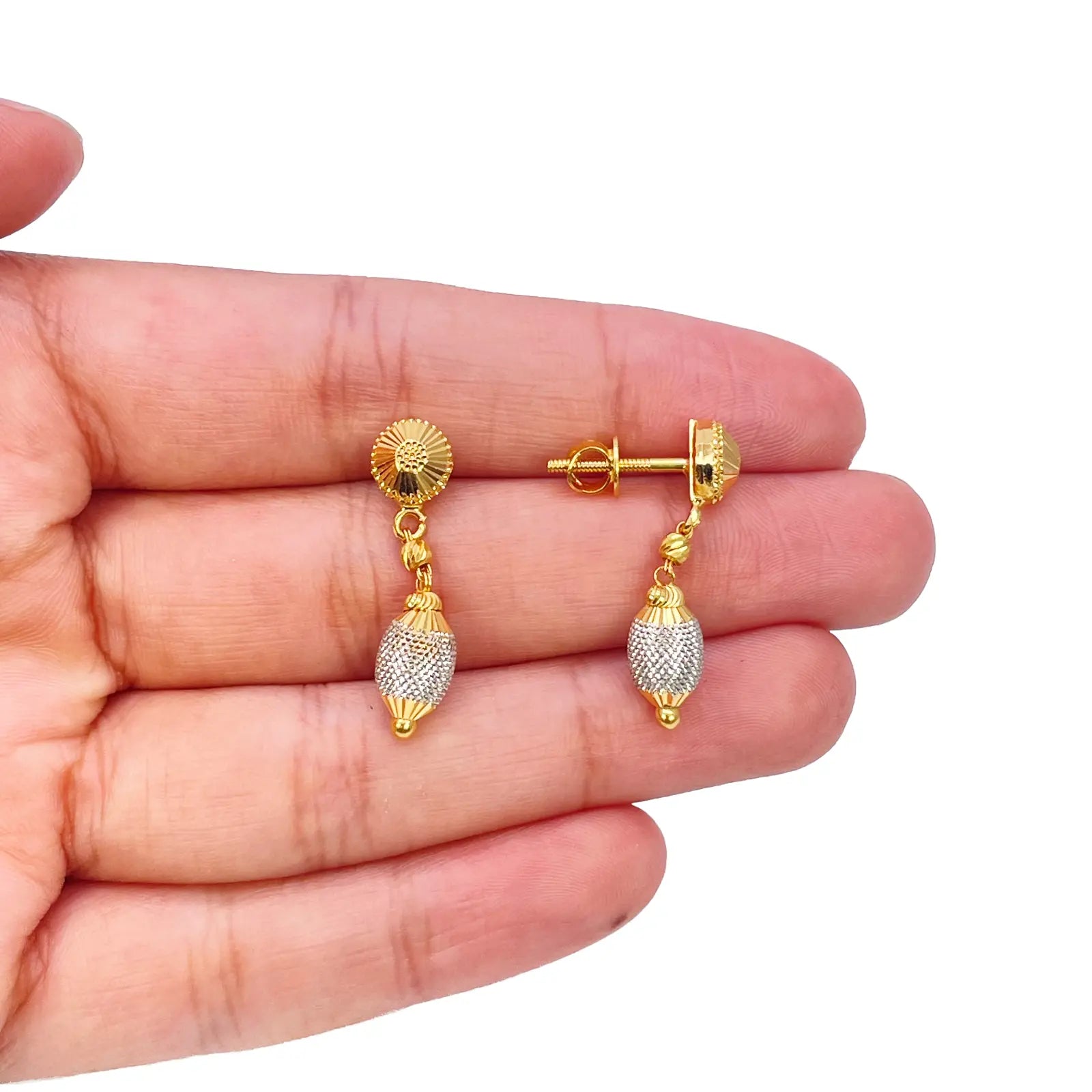 22ct Yellow Gold Diamond Cut Two Tone Beaded Slip-On Necklace & Drop Earrings 
