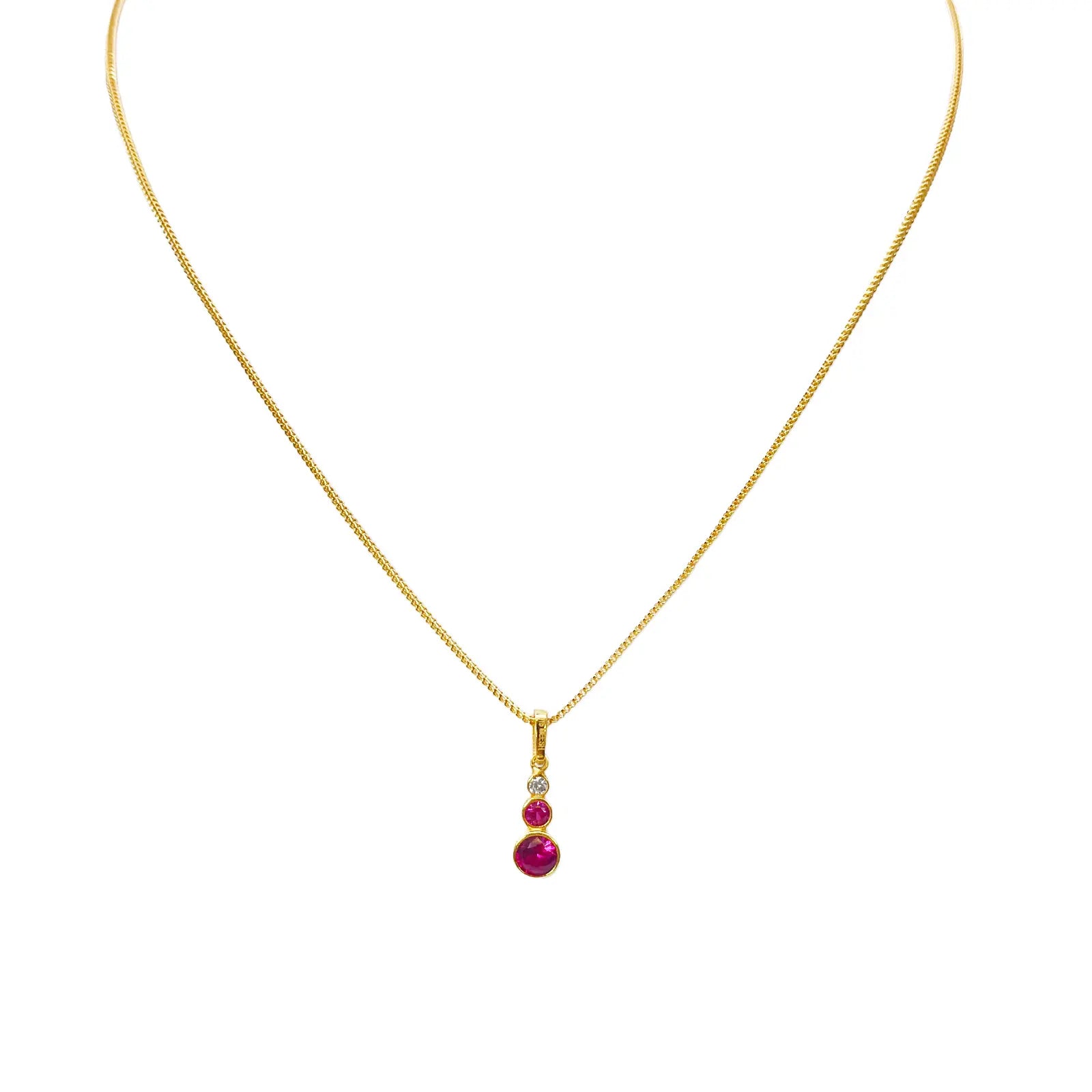 22ct Yellow Gold Drop Red Bubble Pendant & Chain With Matching Drop Earrings 