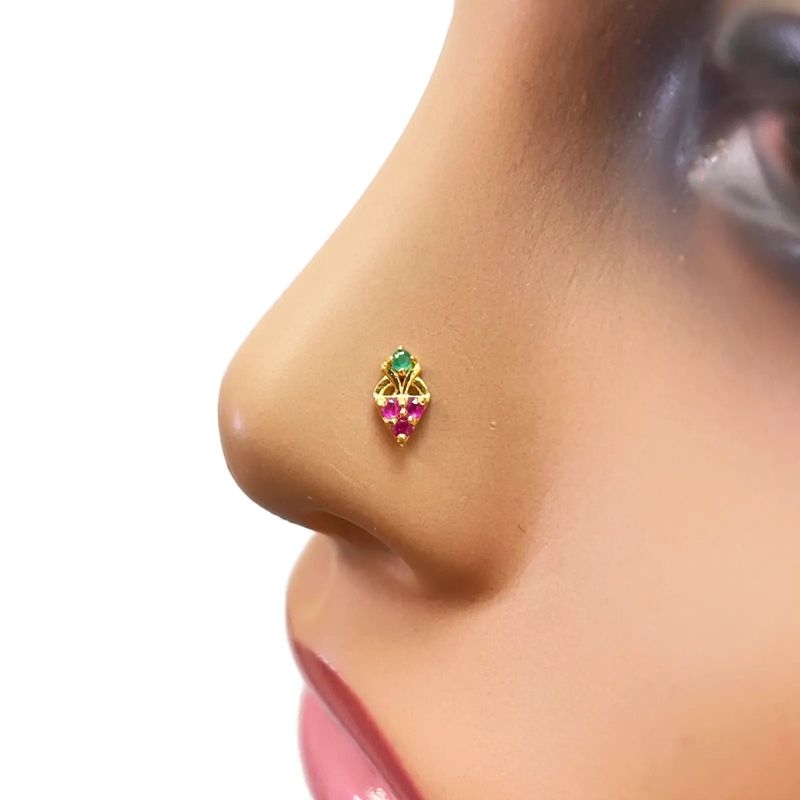 22ct Yellow Gold Fruit Red & Green Gemstone Nose Pin/Stud 4mm Width  Diamond Bracelets