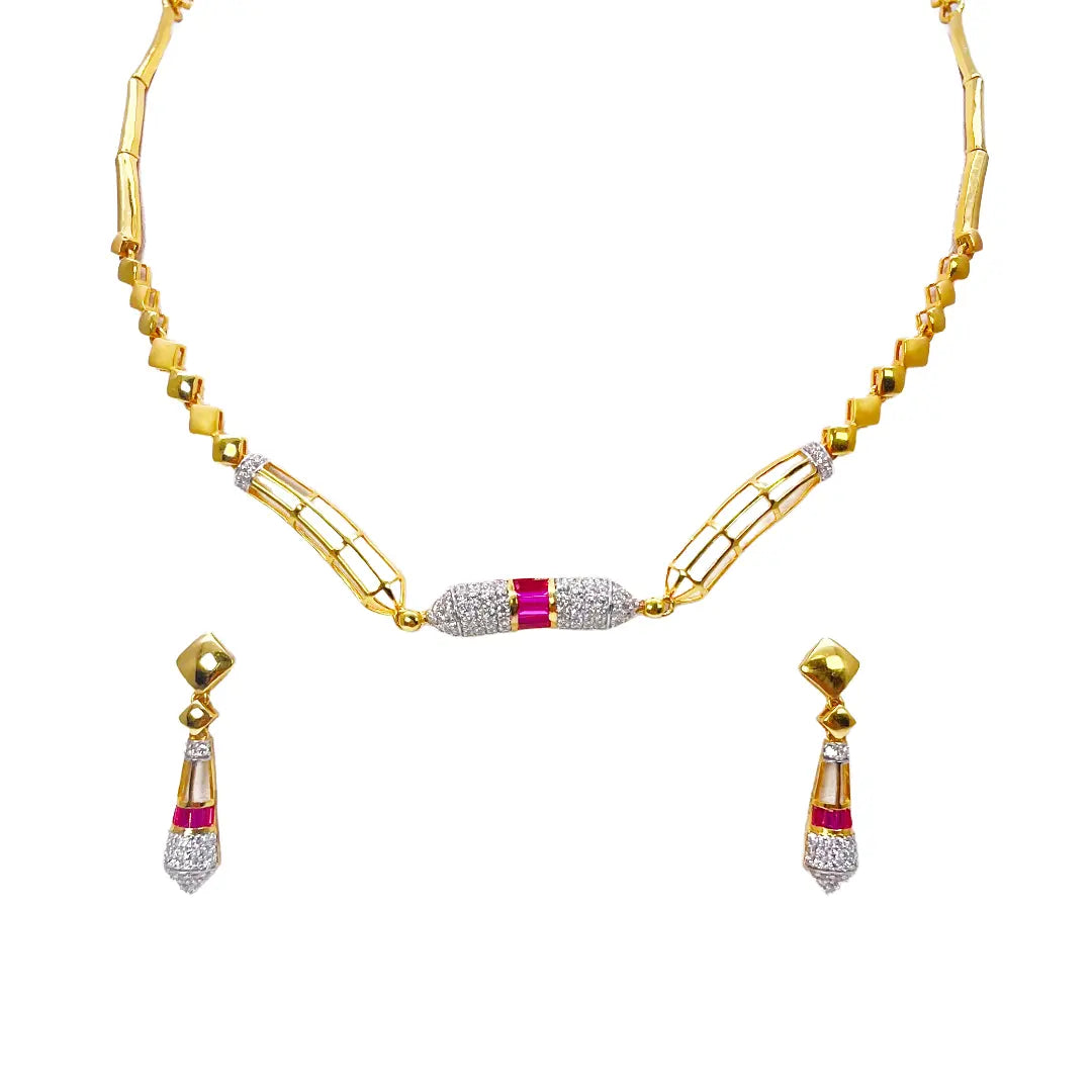 22ct Yellow Gold High Polished Fancy Necklace & Earrings Set 14.5 Inches 