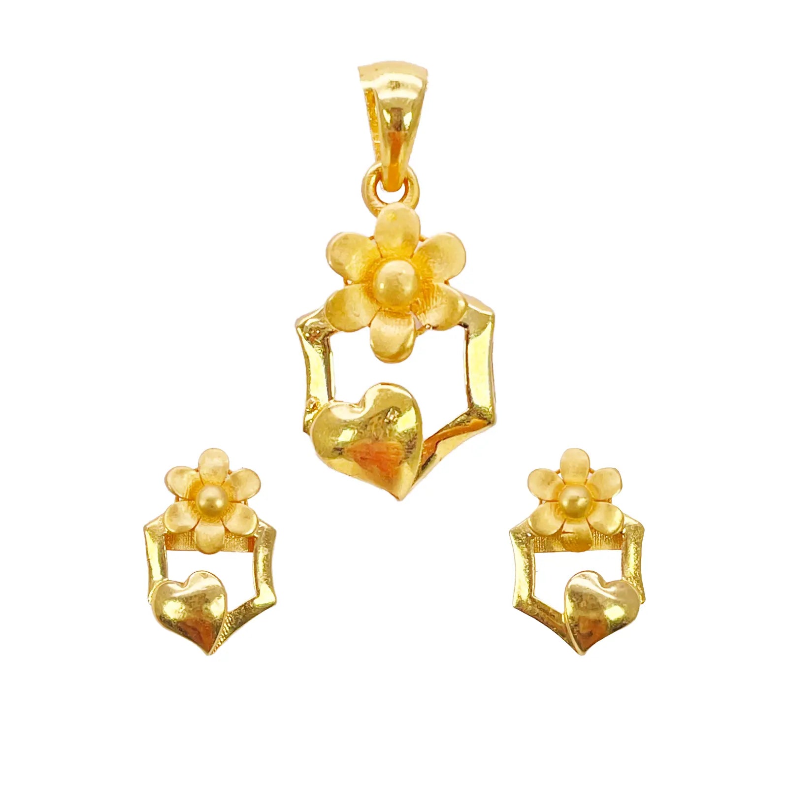 22ct Yellow Gold High Polished Floral Heart Cut Out Pendant Earring Set  Jewelry Set