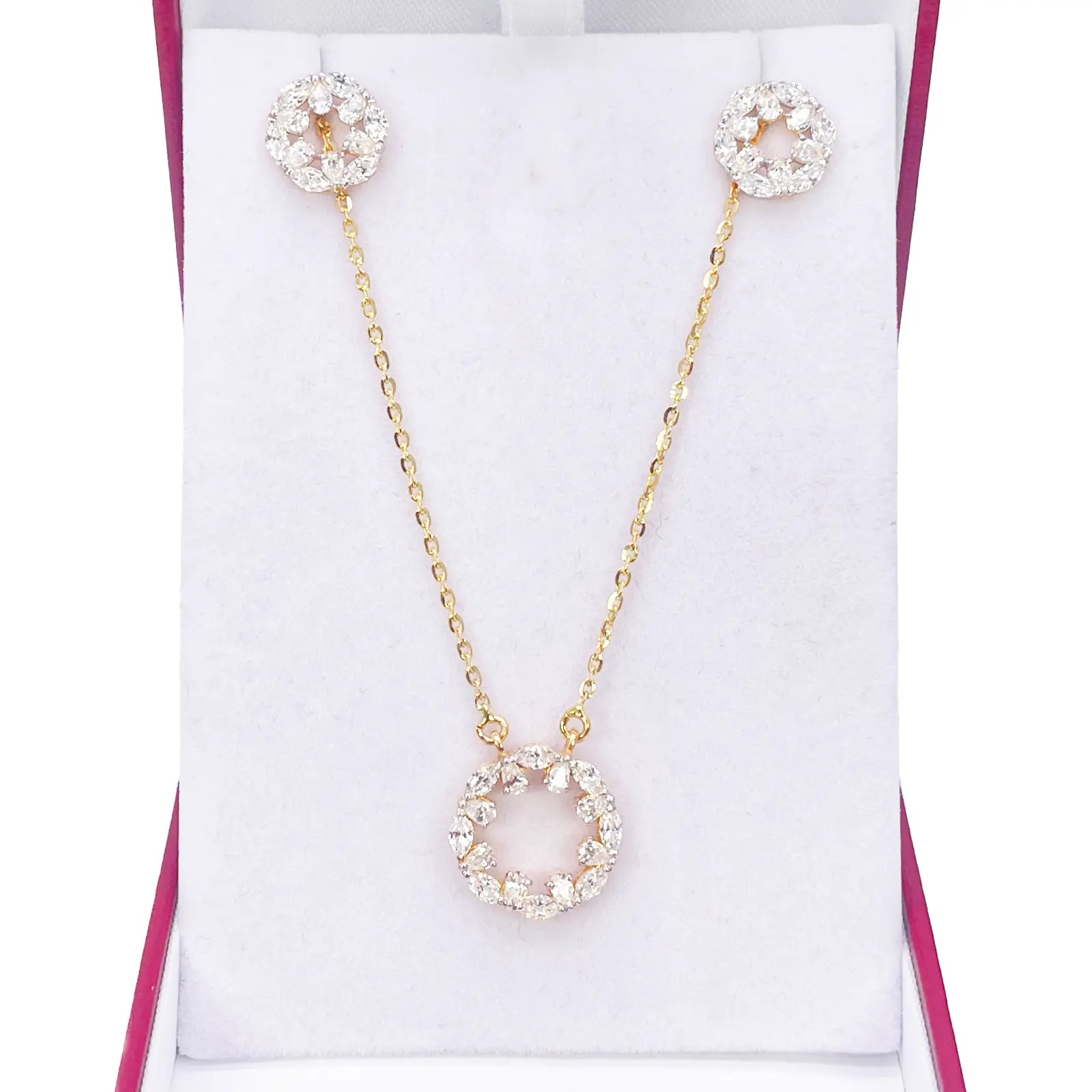 22ct Yellow Gold Ladies Sparkly Cubic Zirconia 17.5 Inch Necklace & Stud Earrings Set 