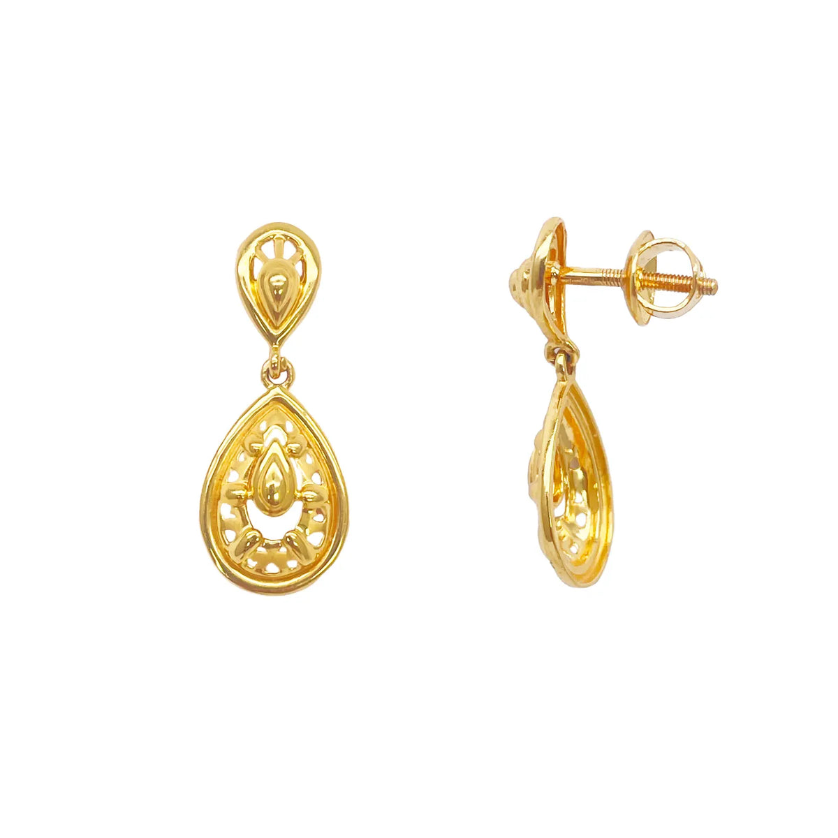 22ct Yellow Gold Matt & High Polished Elegant Drop Stud Earrings 