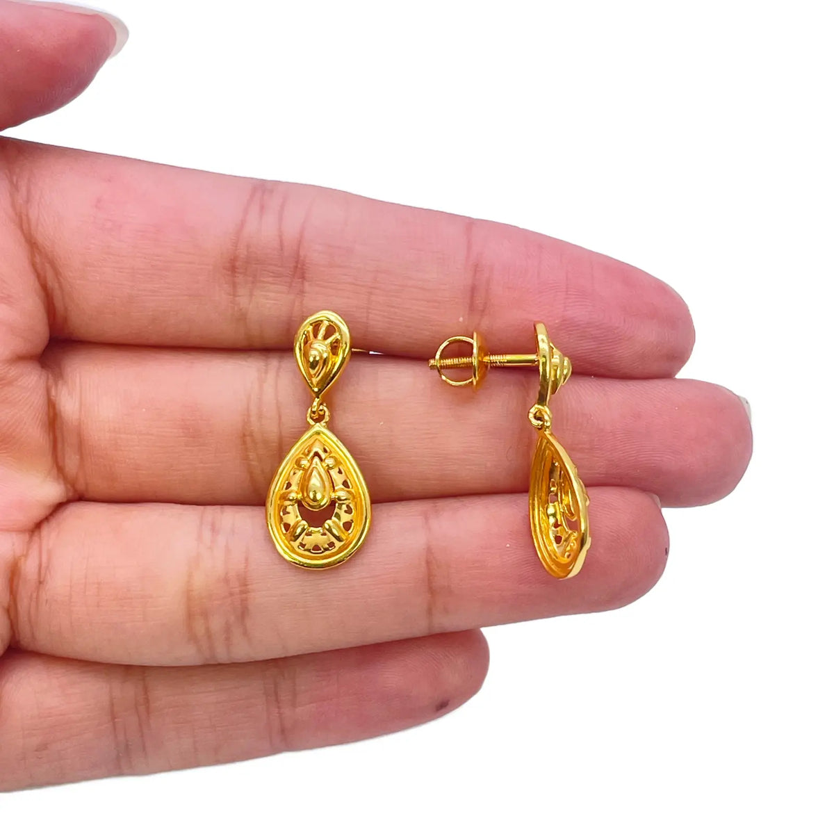 22ct Yellow Gold Matt & High Polished Elegant Drop Stud Earrings 
