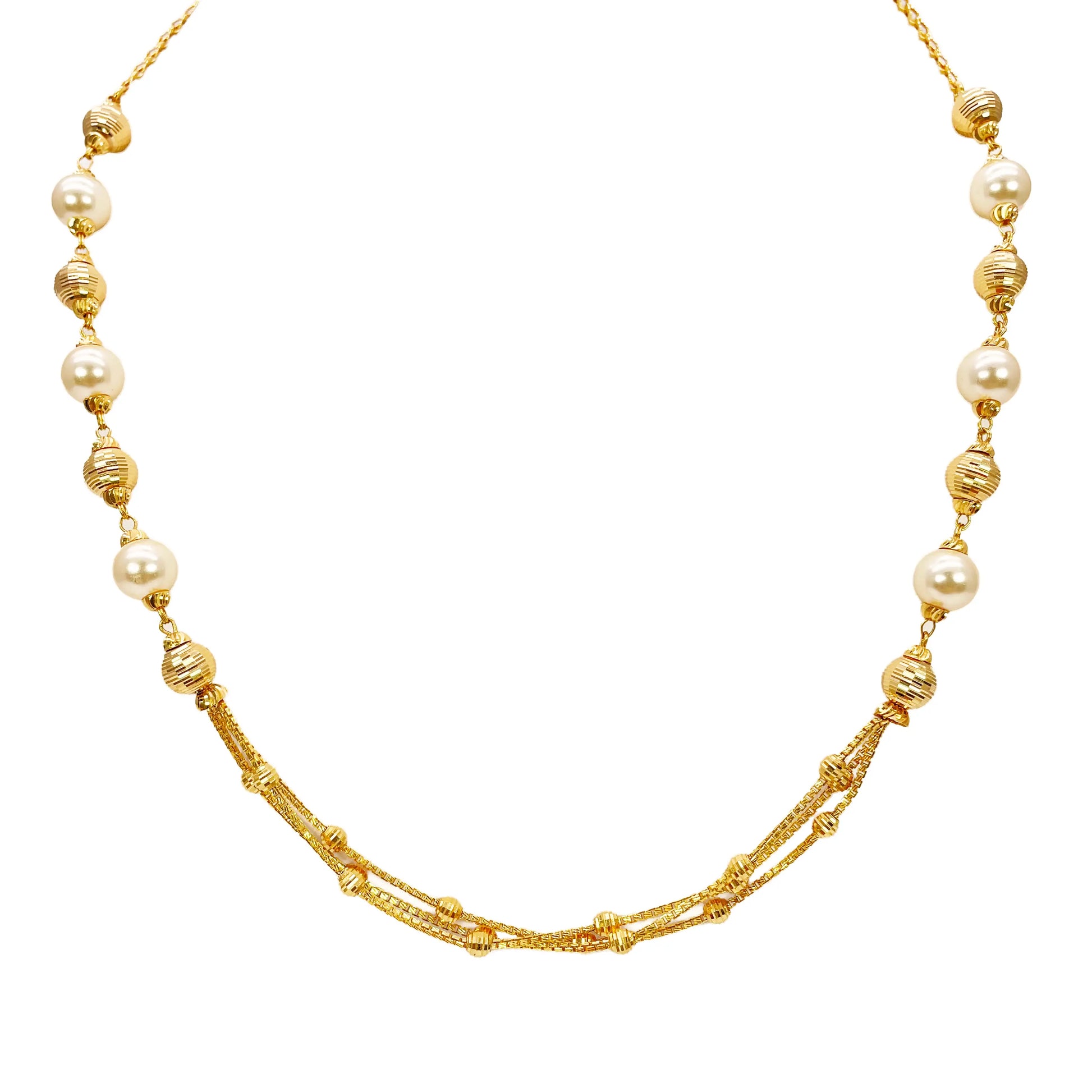 22ct Yellow Gold Pearls & Beaded Diamond Cut Ball Layered Necklace/Earrings Set 