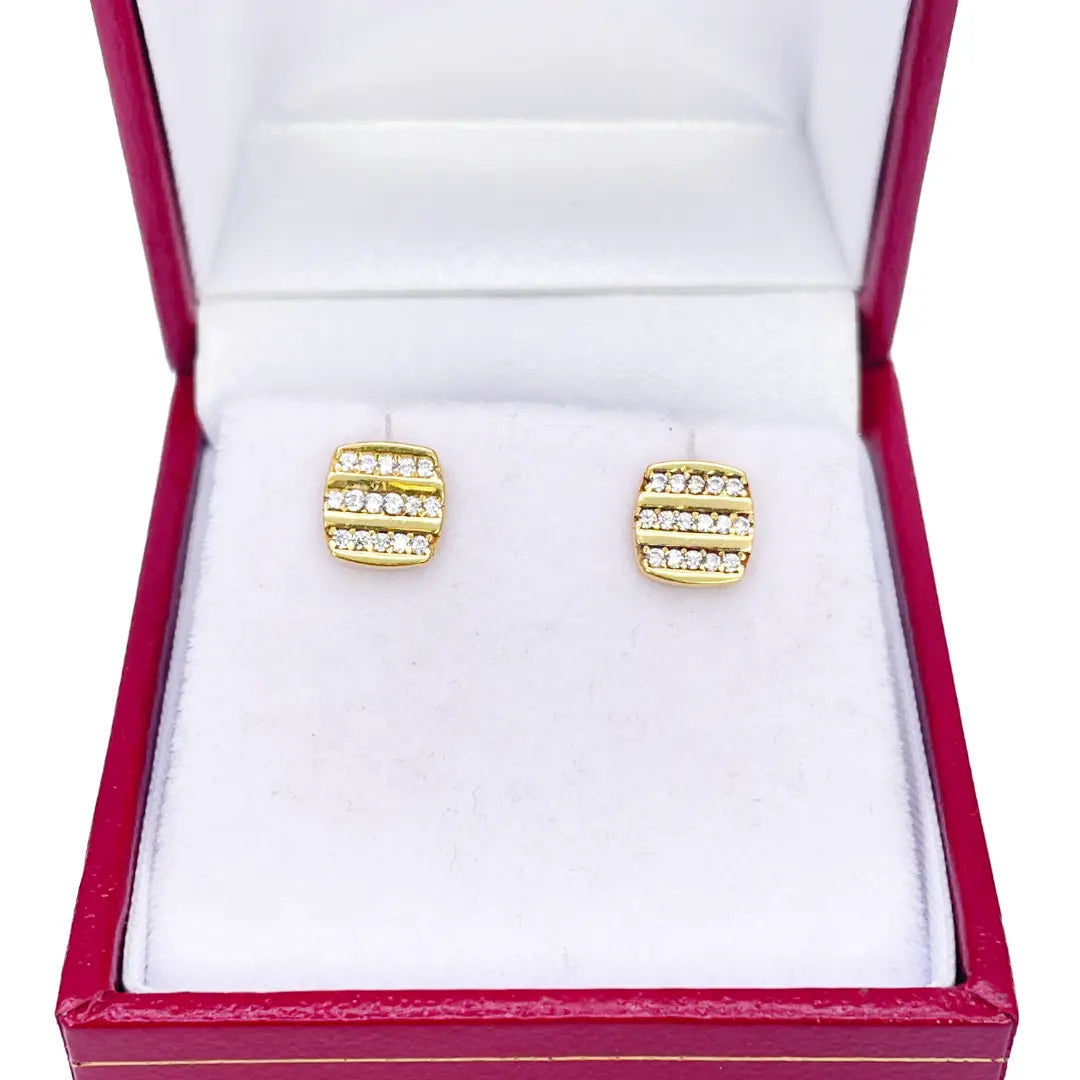 22ct Yellow Gold Square Three Row Cubic Zirconia Button Earrings Set 7mm Length  Gold earring