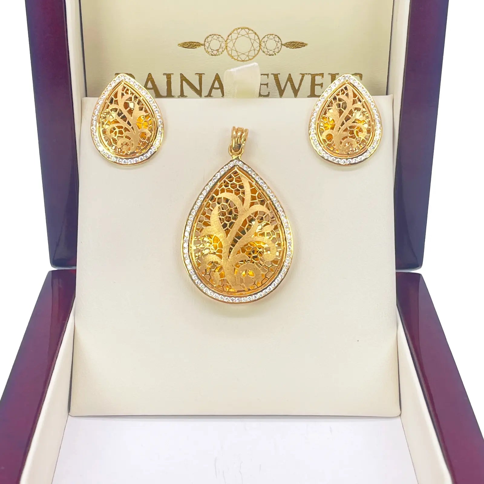 22ct Yellow Gold Teardrop Floral Dome Halo Pendant and Teardrop Earrings Set 