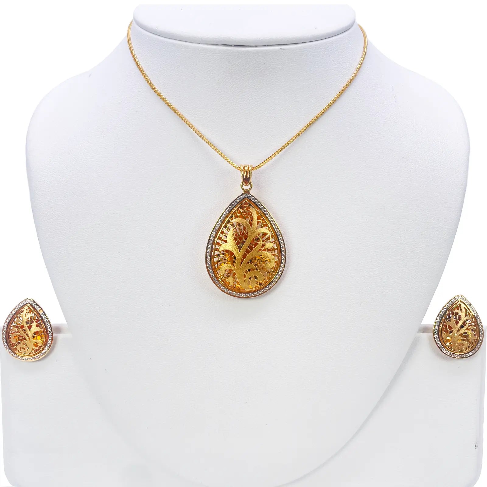 22ct Yellow Gold Teardrop Floral Dome Halo Pendant and Teardrop Earrings Set 