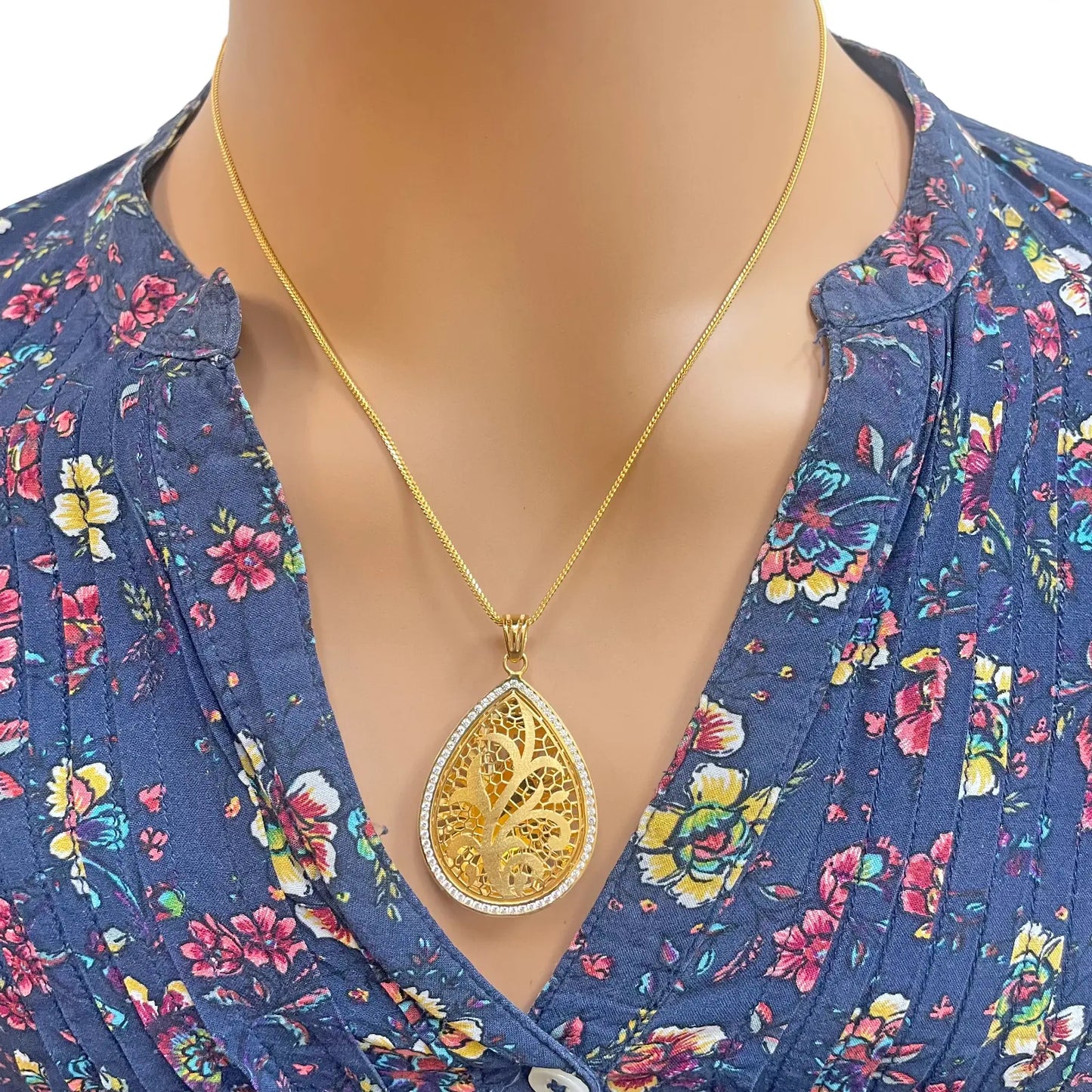 22ct Yellow Gold Teardrop Floral Dome Halo Pendant and Teardrop Earrings Set 