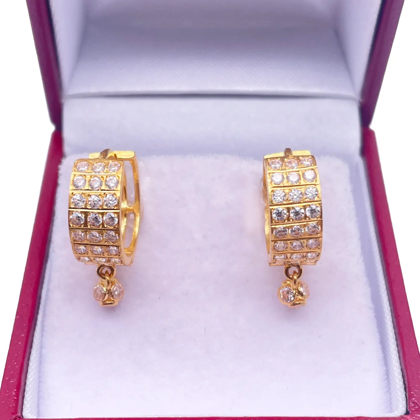 22ct Yellow Gold Triple Row Cubic Zirconia Drop Ball Hoop Huggies Earrings  Gold earring