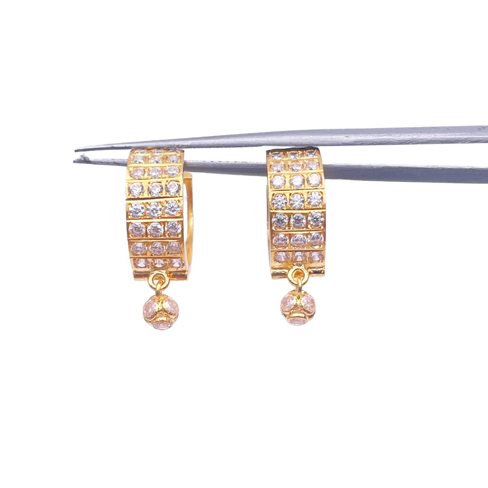 22ct Yellow Gold Triple Row Cubic Zirconia Drop Ball Hoop Huggies Earrings  Gold earring