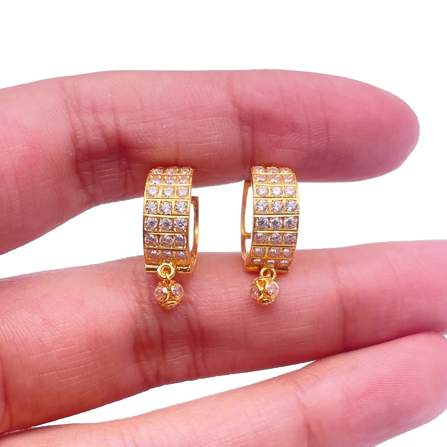 22ct Yellow Gold Triple Row Cubic Zirconia Drop Ball Hoop Huggies Earrings  Gold earring
