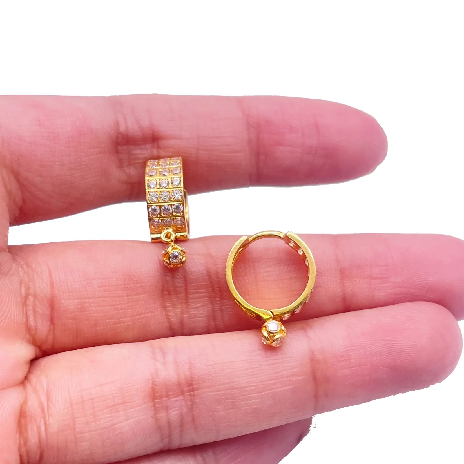22ct Yellow Gold Triple Row Cubic Zirconia Drop Ball Hoop Huggies Earrings  Gold earring