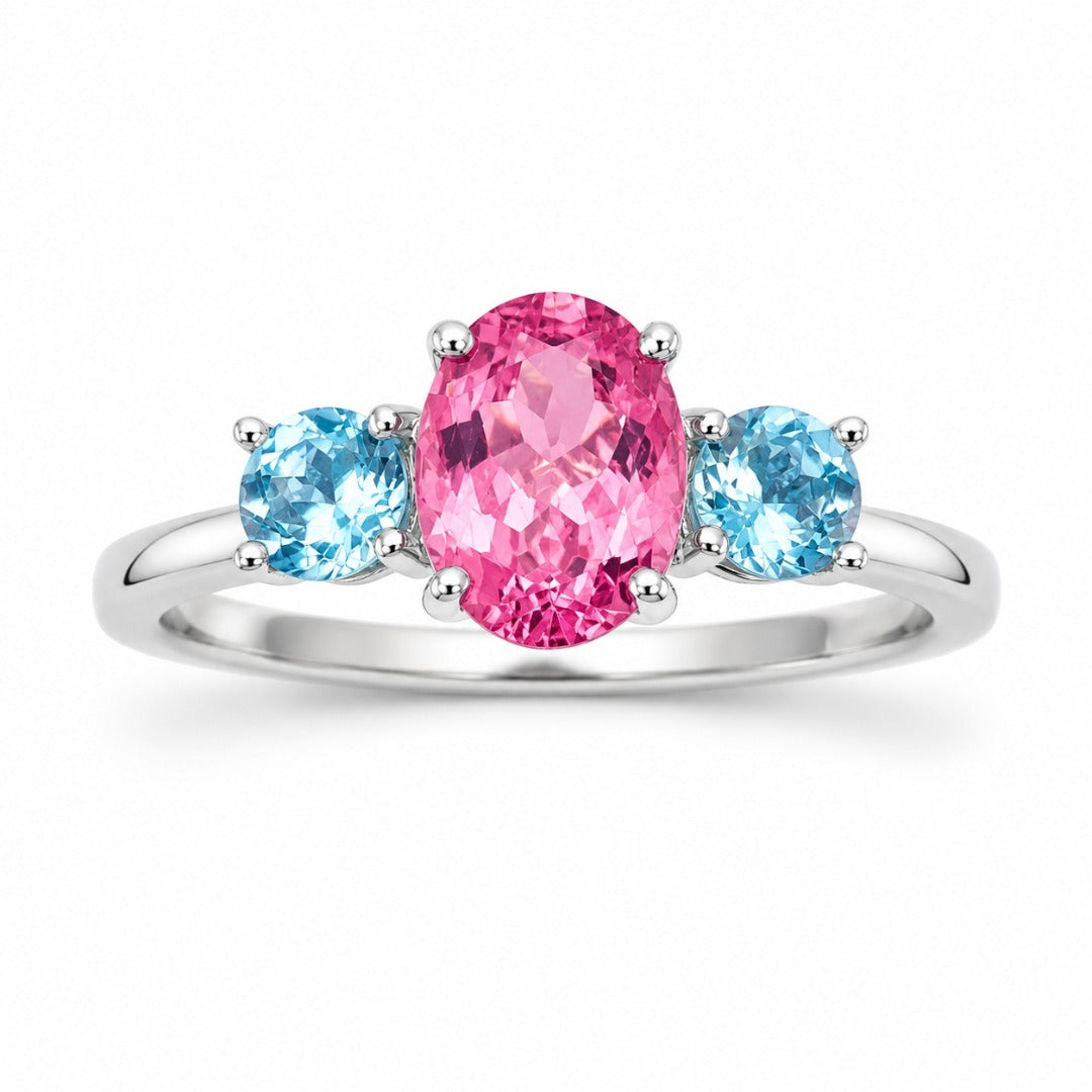 18ct White Gold Pink Tourmaline & Aquamarine Trilogy Ring 1.60ct