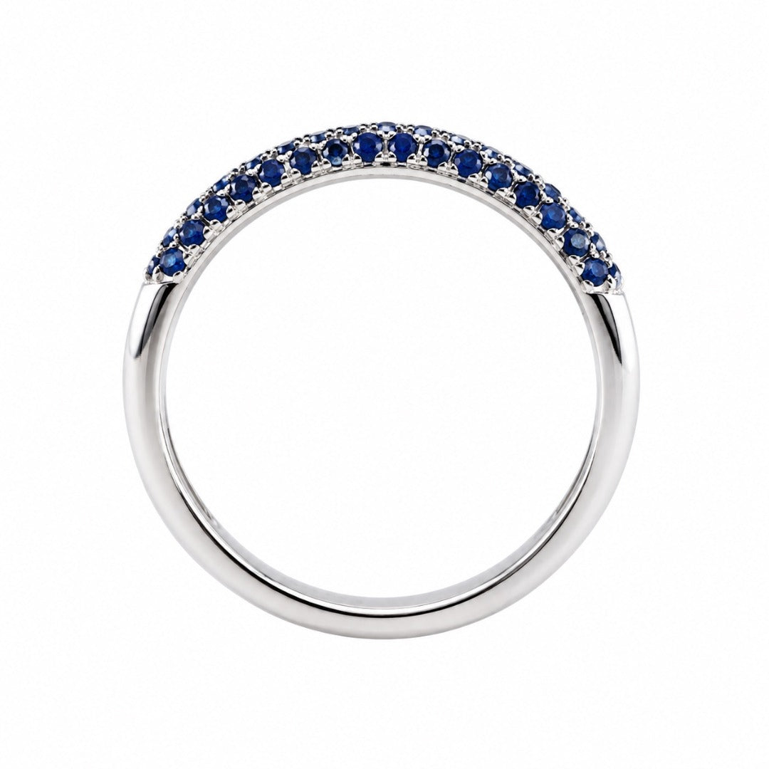 14ct White Gold Blue Sapphire 3 Row Dome Shaped Pave Set Ring 0.40ct