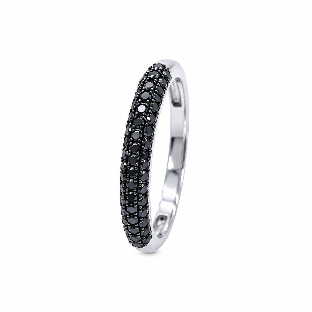 14ct White Gold Black Diamond Dome Pave Ring 3 Row 0.37ct