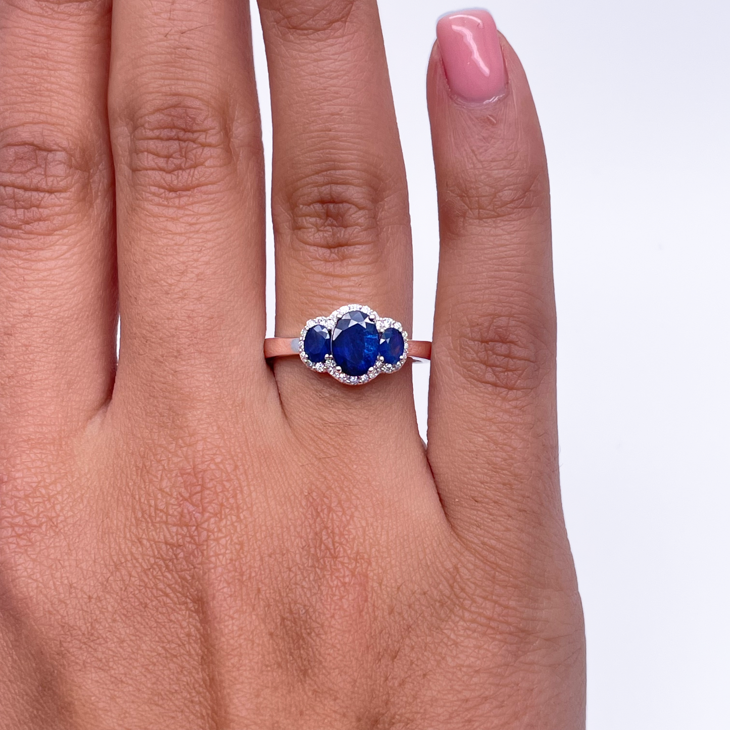 18ct White Gold Sapphire & Diamond Trilogy Halo Ring Oval 1.76ct