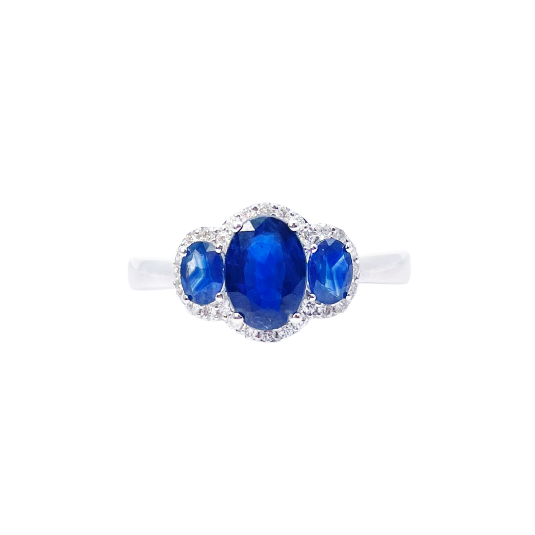18ct White Gold Sapphire & Diamond Trilogy Halo Ring Oval 1.76ct
