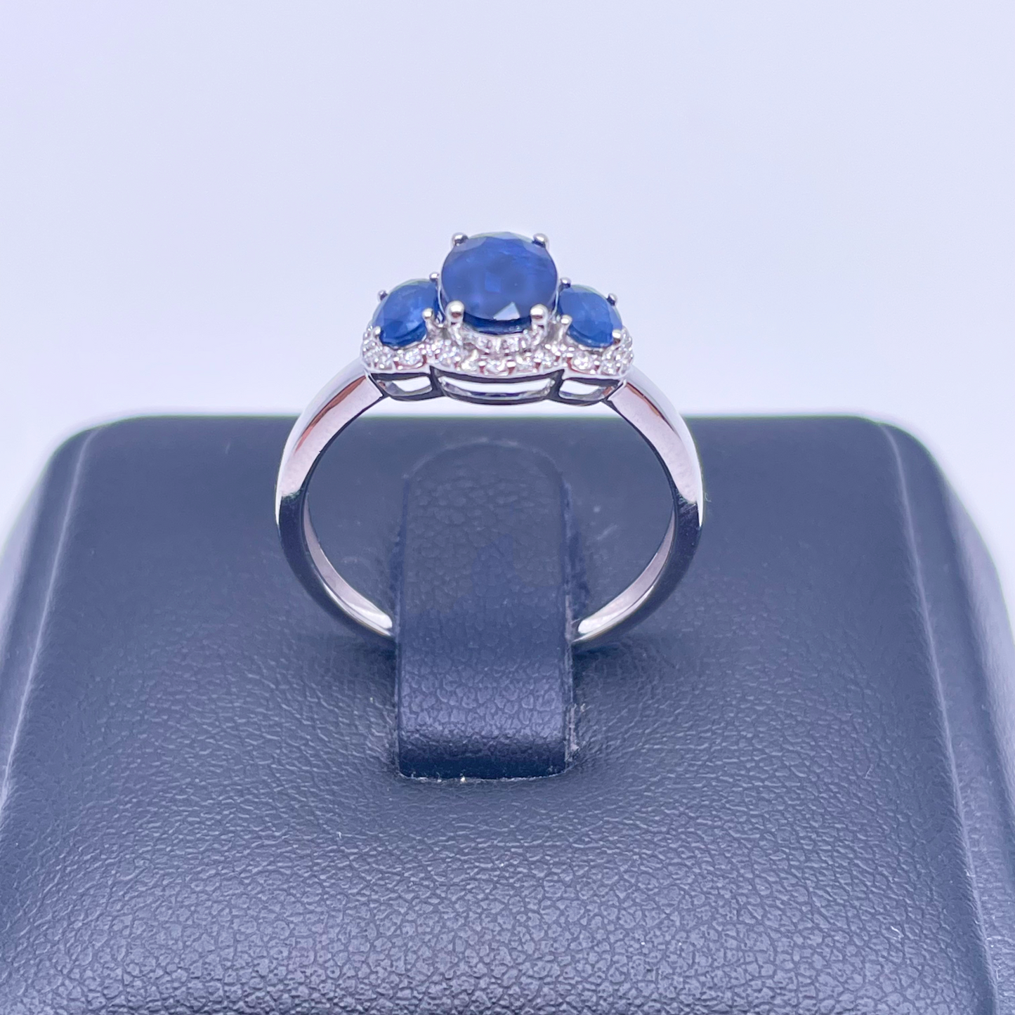 18ct White Gold Sapphire & Diamond Trilogy Halo Ring Oval 1.76ct