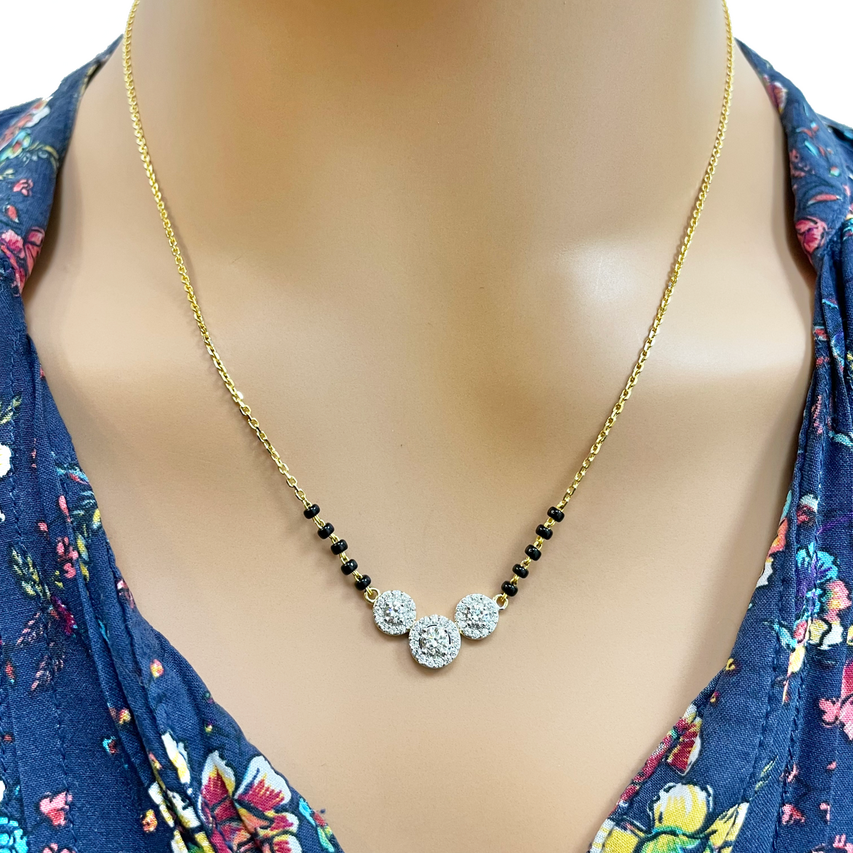 18ct Yellow Gold Natural Diamond Triple Halo Mangalsutra Necklace - 0.65ct - IGI Certified