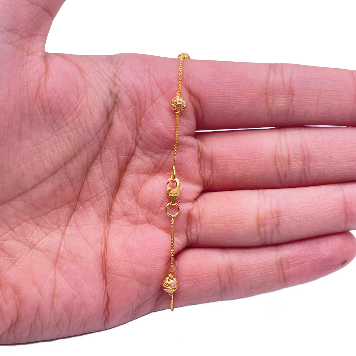 22ct Yellow Gold Cubic Zirconia Station Bracelet Box Chain 7 Inches