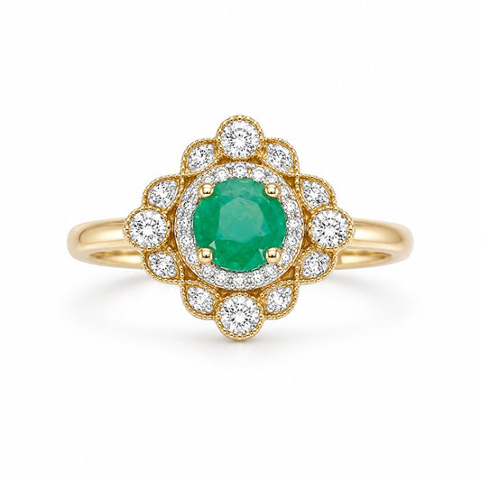 14ct Yellow Gold Natural Emerald & Diamond Vintage-Style Halo Ring 0.72ct