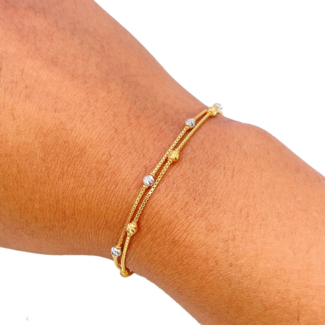 22ct Yellow Gold Double Layered Chain With Two-Tone Diamond Cut Beads Bracelet