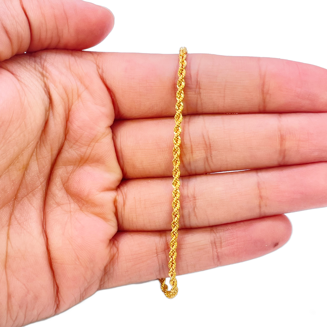22ct Gold Rope Chain Bracelet Lightweight 7 Inches 2.2 mm