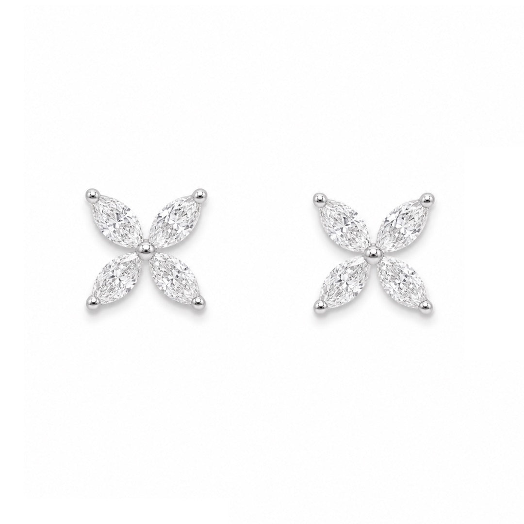 18ct White Gold Marquise Diamond Four-Leaf Flower Stud Earrings 0.75ct