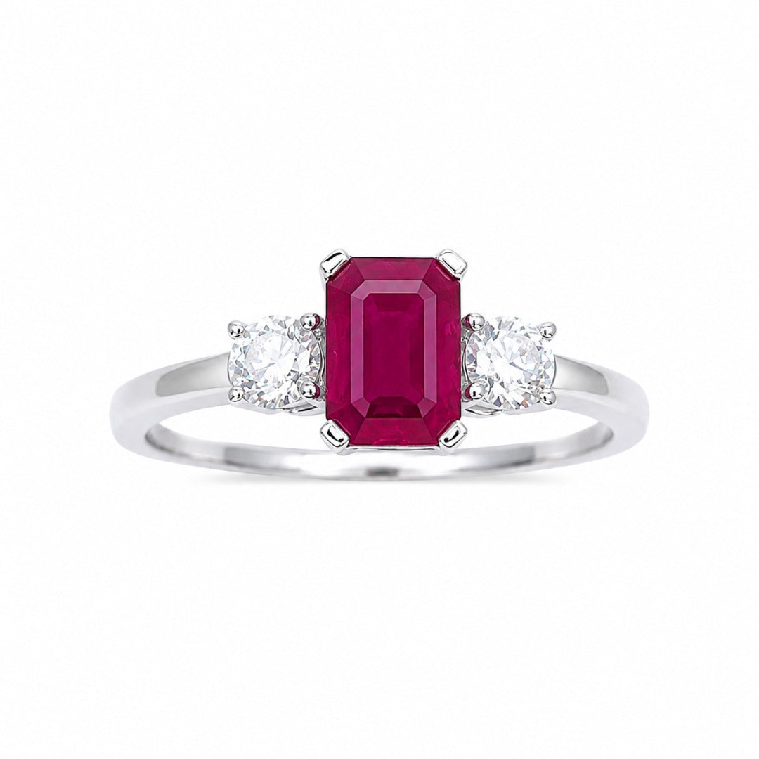 18ct White Gold Natural Emerald Cut Ruby & Round Diamond Trilogy Ring 1.45ct