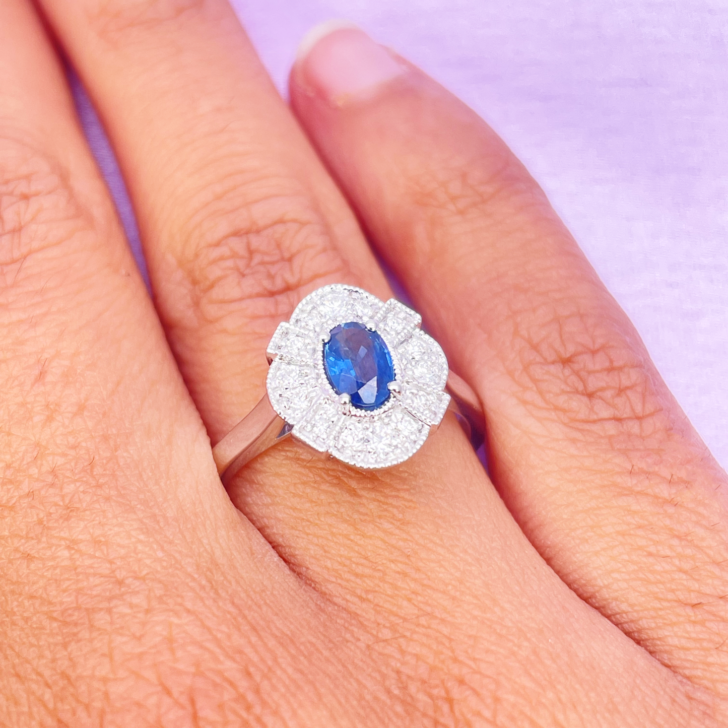 18ct White Gold Oval Blue Sapphire & Diamond Cluster Milgrain Ring 0.65ct