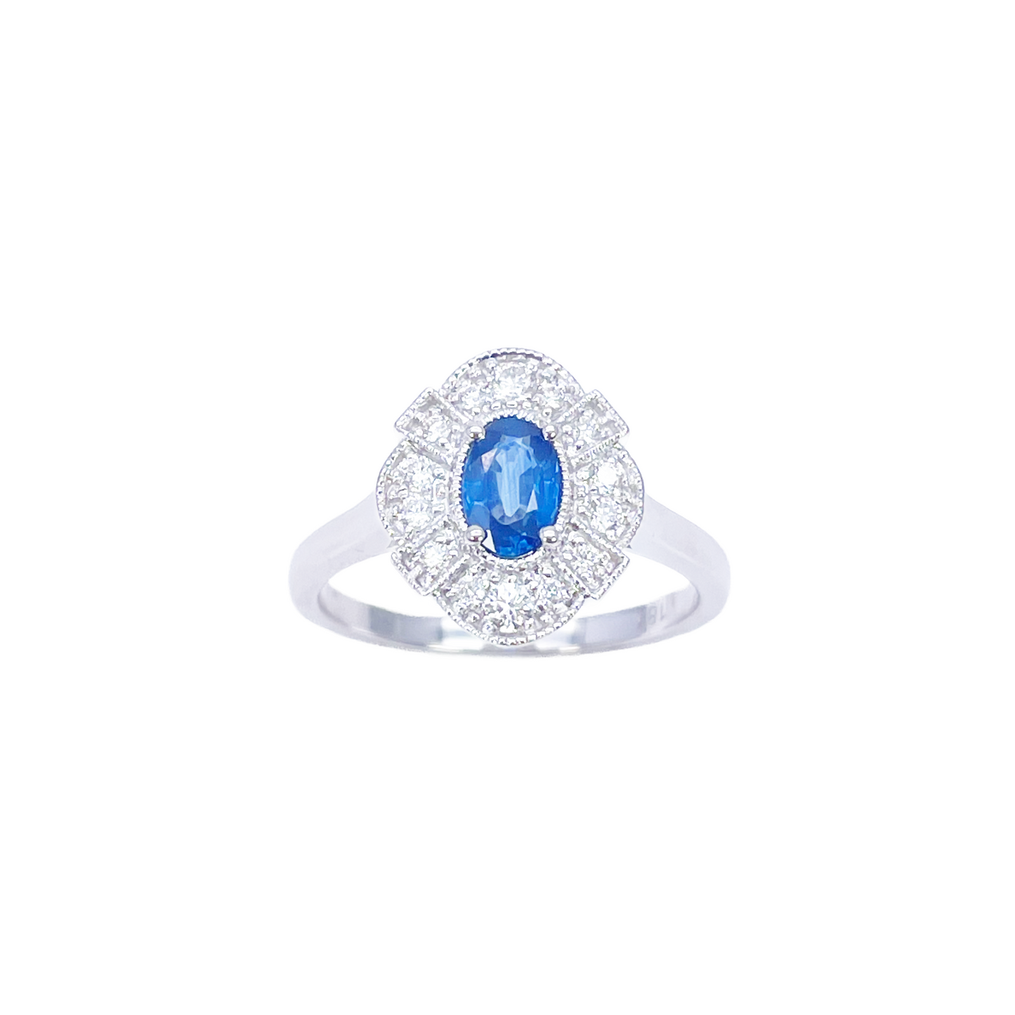 18ct White Gold Oval Blue Sapphire & Diamond Cluster Milgrain Ring 0.65ct