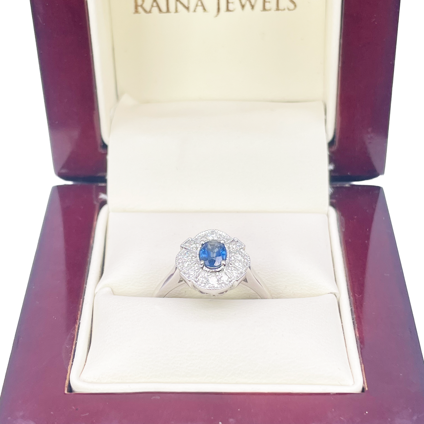 18ct White Gold Oval Blue Sapphire & Diamond Cluster Milgrain Ring 0.65ct