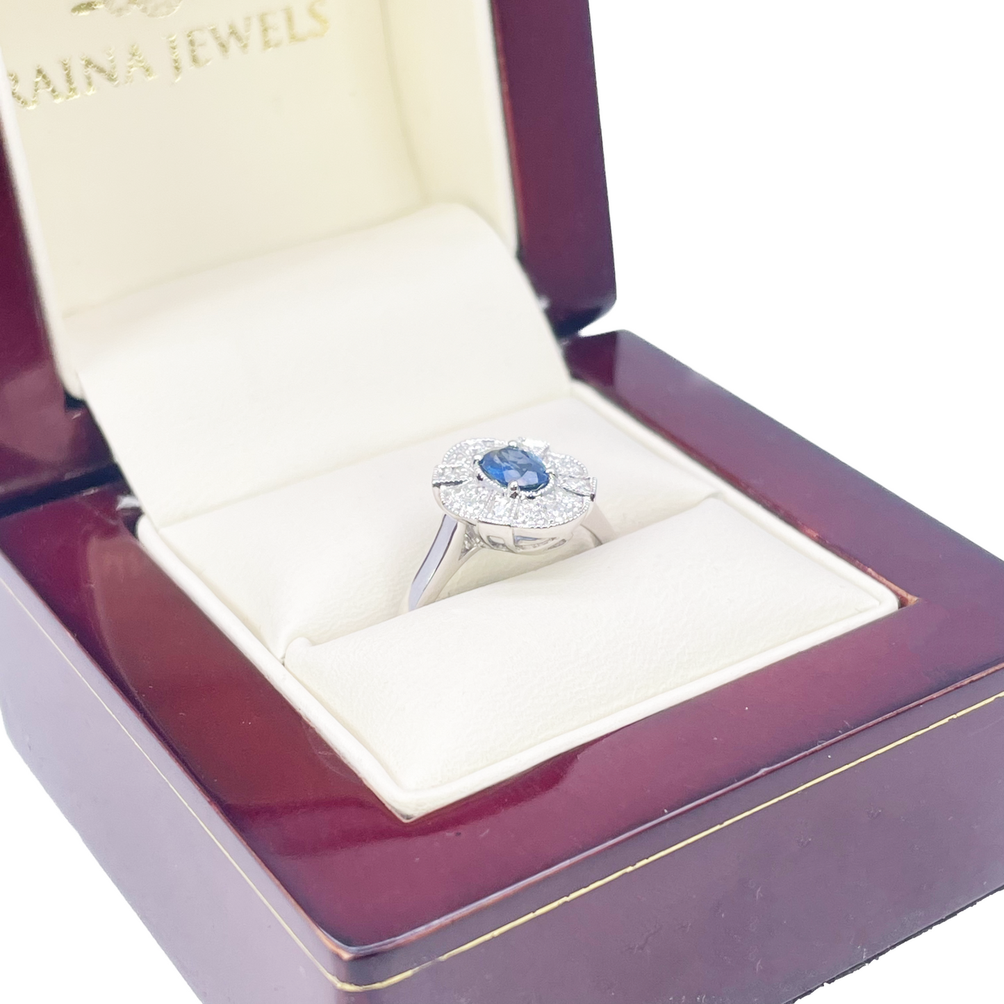 18ct White Gold Oval Blue Sapphire & Diamond Cluster Milgrain Ring 0.65ct
