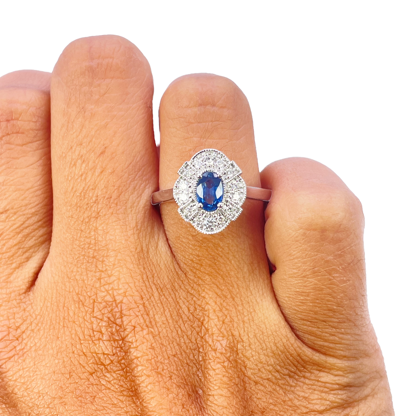 18ct White Gold Oval Blue Sapphire & Diamond Cluster Milgrain Ring 0.65ct