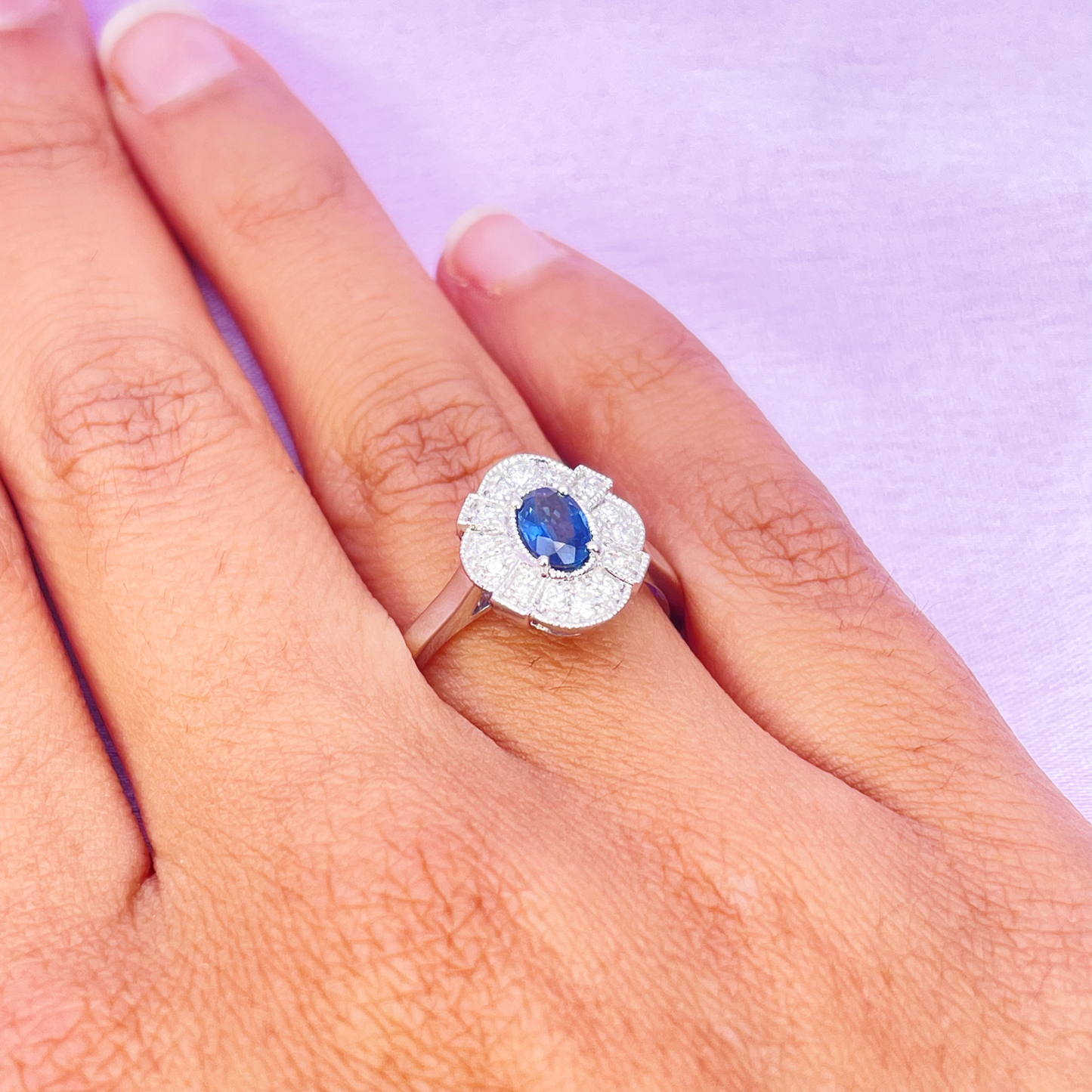 18ct White Gold Oval Blue Sapphire & Diamond Cluster Milgrain Ring 0.65ct