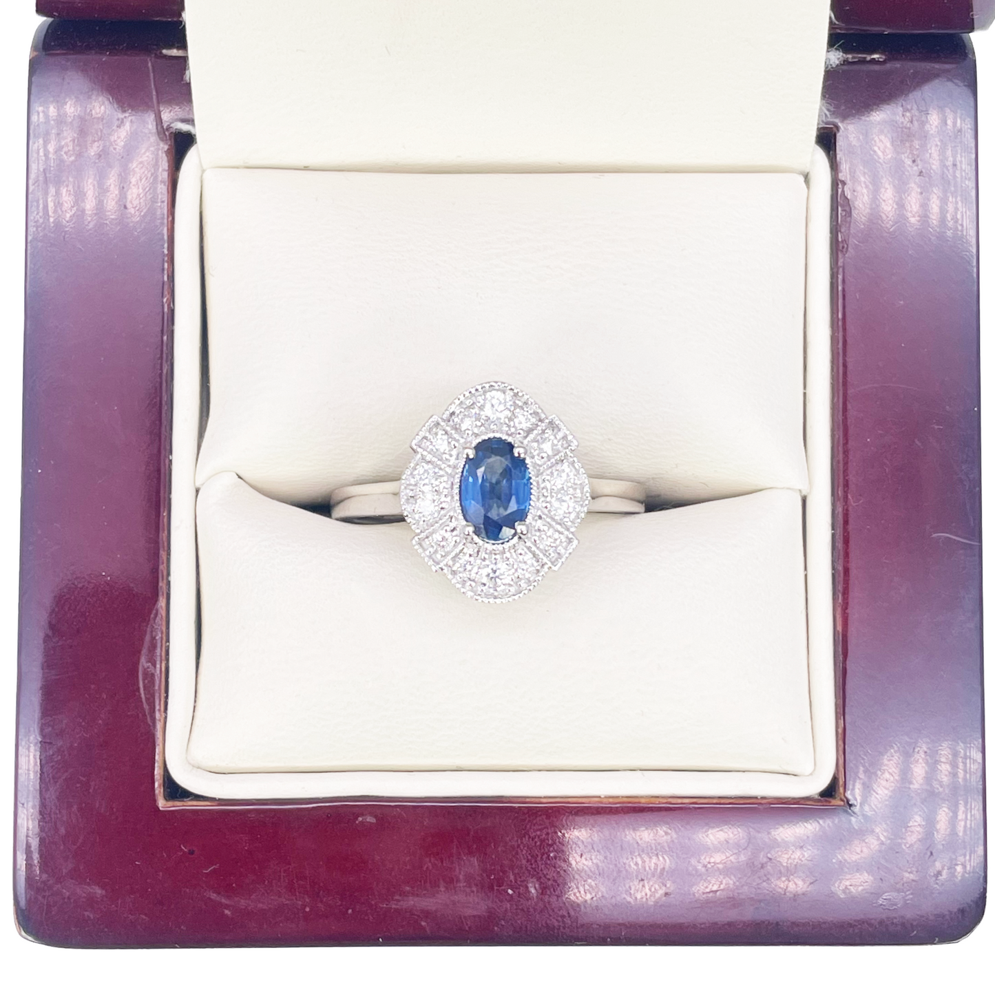 18ct White Gold Oval Blue Sapphire & Diamond Cluster Milgrain Ring 0.65ct